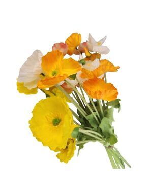 Artificial Poppy Bouquet 8 Stem Faux Flowers Rustic Home Decor Yellow Orange Pea